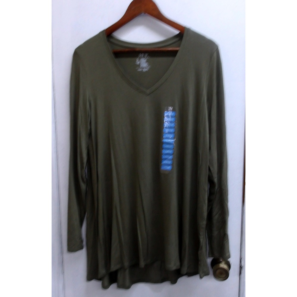 HUE Women's Long Sleeve V Neck Basic Tunic Top Olive Green Size L / #2680